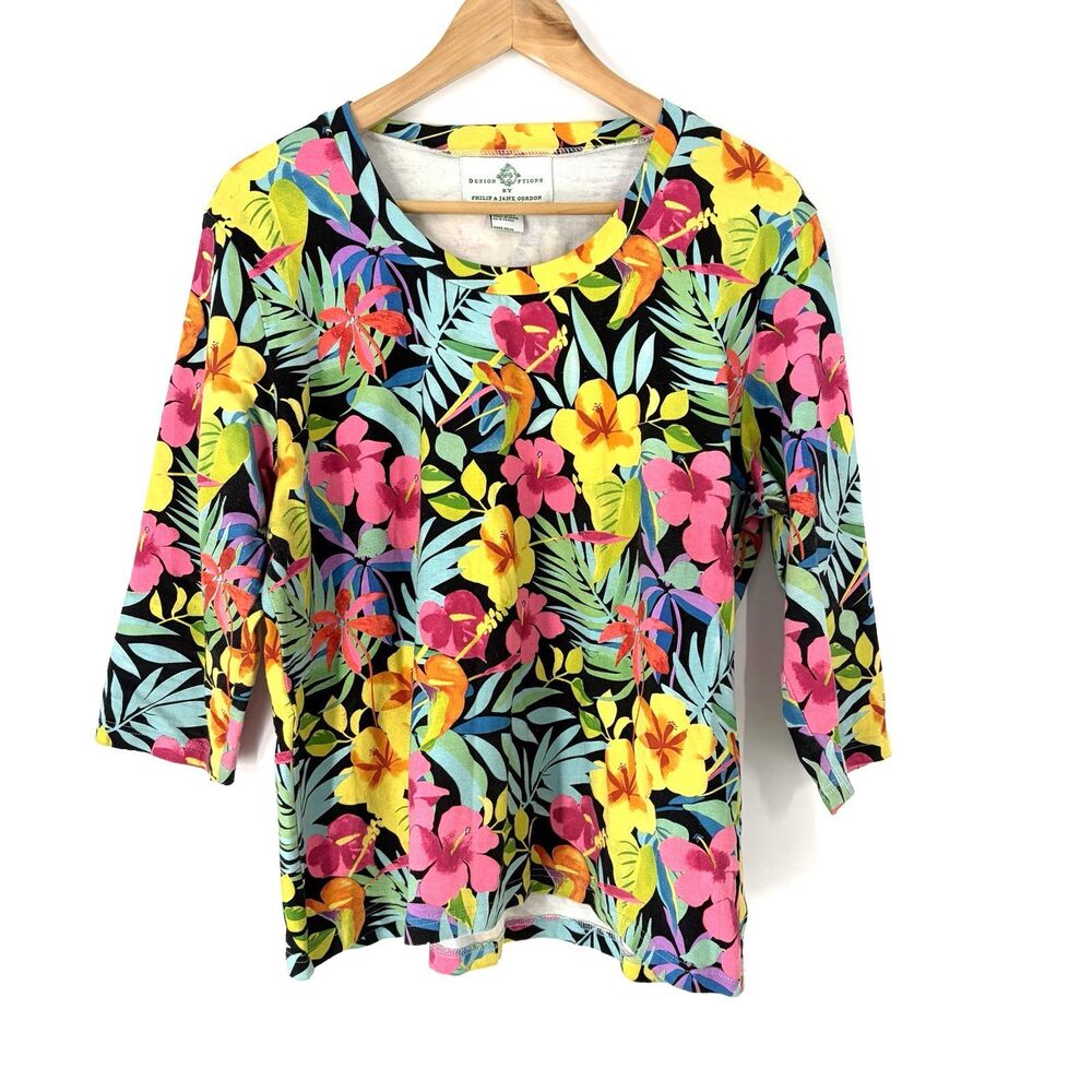 Design Options Philip Jane Gordon Top Size XL Black Floral Print Shirt Hawaiian